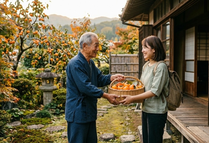 Người Nhật Bản vui vẻ khi người lạ hỏi xin quả trong vườn nhà mình. (Ảnh minh họa: AI)