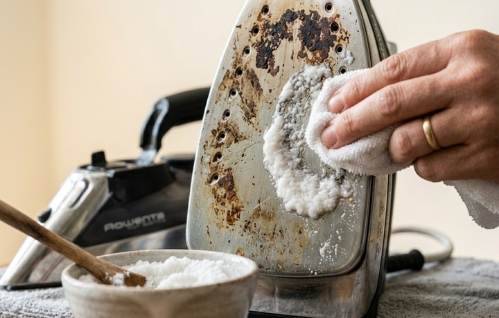 Mẹo làm sạch bàn ủi bằng bộ đôi baking soda và giấm trắng sẽ đảm bảo an toàn tuyệt đối cho người thao tác. Ảnh: QQ