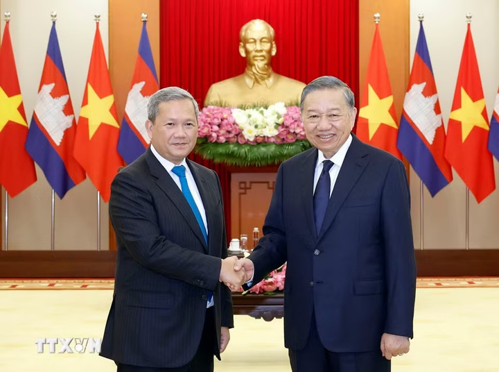 Tổng Bí thư, Chủ tịch nước Tô Lâm tiếp Thủ tướng Vương quốc Campuchia Hun Manet. (Ảnh: TTXVN)