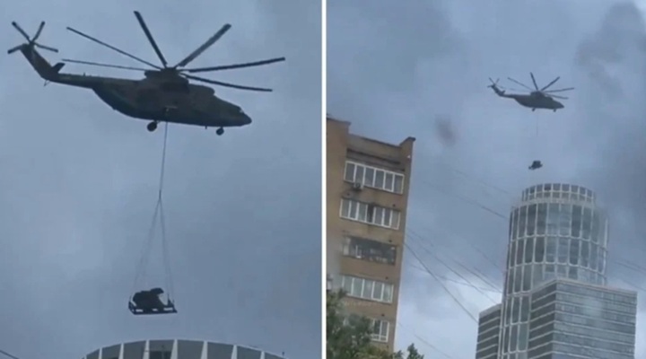 Máy bay trực thăng Mi-26 và vị trí đặt hệ thống Pantsir-SMD-E trên nóc nhà ở Moscow. Ảnh Military Watch