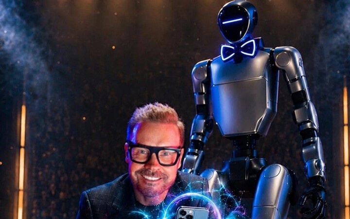 Ảnh quảng cáo của Nhà ảo thuật David Penn cùng robot D4RYL. (Nguồn: The Telegraph)