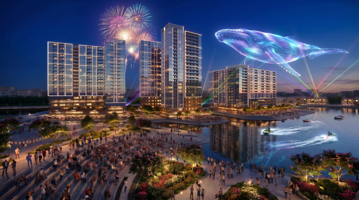 Phối cảnh Charmora City By Sun Group về đêm với màn pháo hoa hoành tráng.