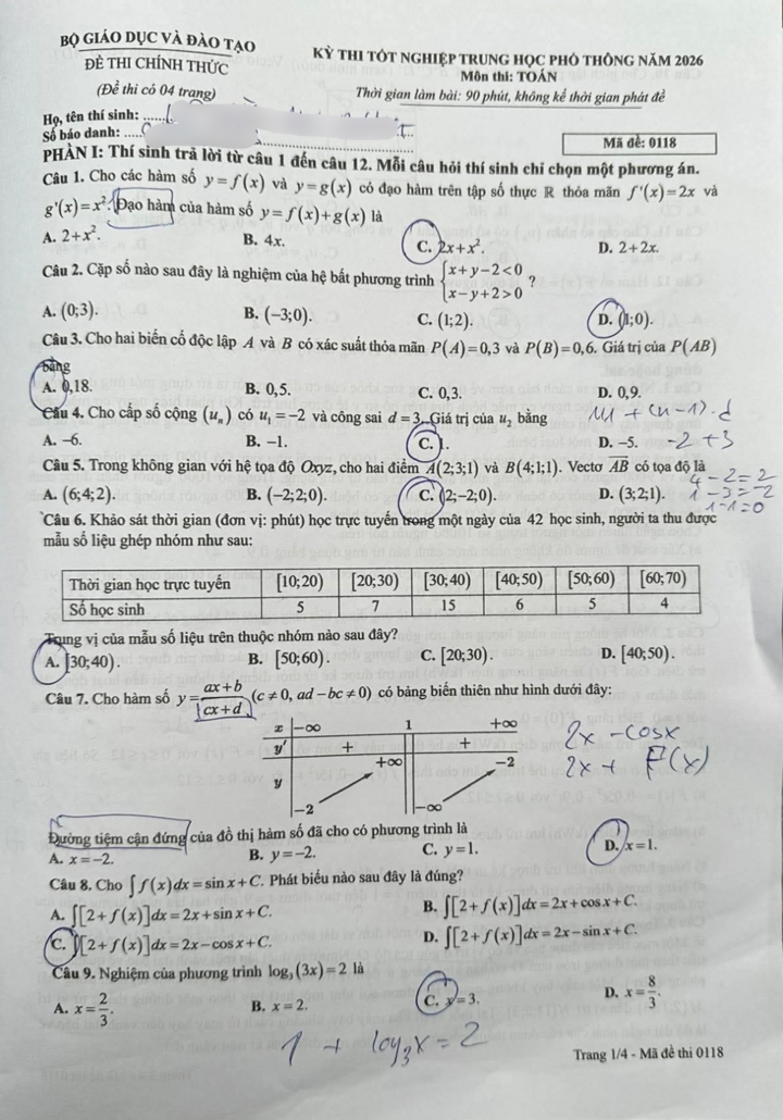 Đề thi môn Toán tốt nghiệp THPT 2026 - 1