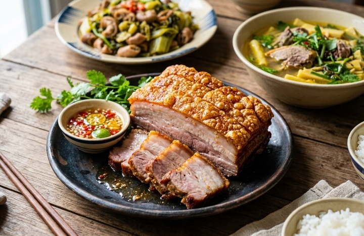 Món thịt quay giòn bì. Ảnh minh họa AI