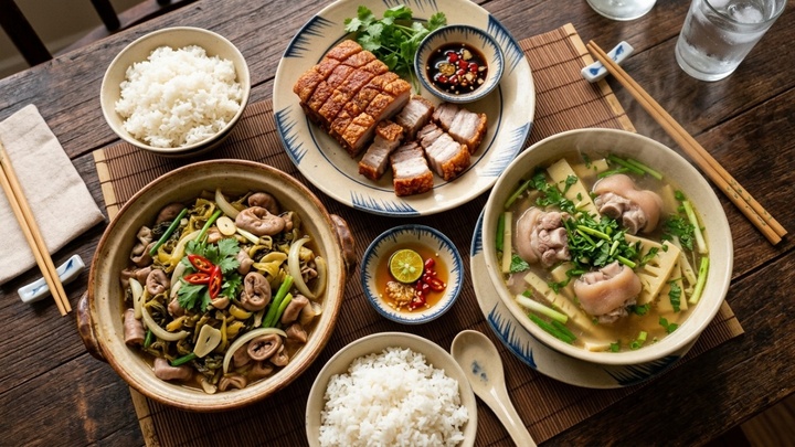Món lòng heo xào dưa, thịt quay giòn bì, canh măng móng giò. Ảnh minh họa AI