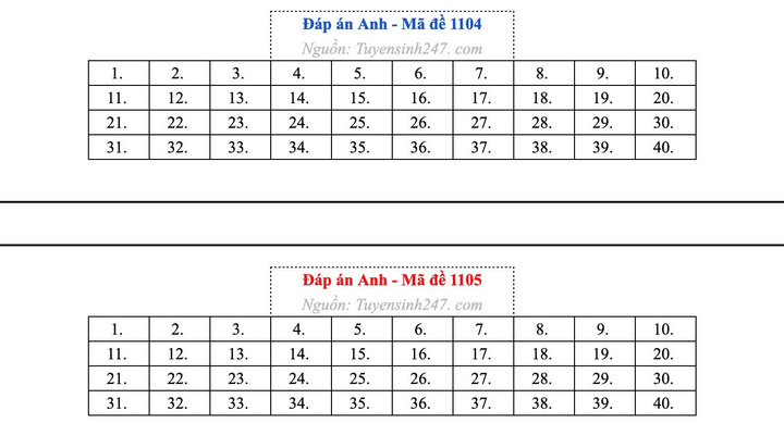 Gợi ý đáp án môn Tin mã đề 1104 và 1105.