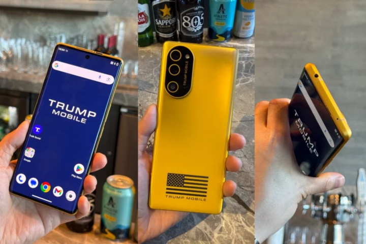 Trump Mobile T1 với lớp vỏ mạ vàng, thực chất là một chiếc HTC U24 Pro đời 2024. (Nguồn: Gizmodo)