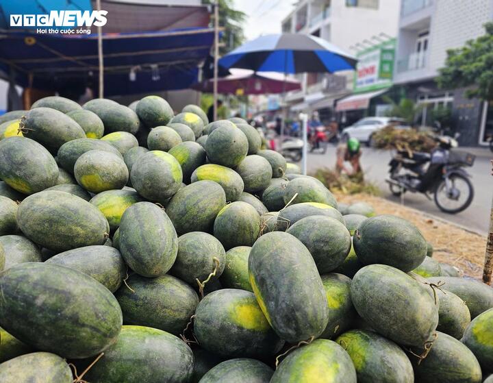 Dưa hấu được bày bán dọc đường với giá 12.000 đồng/kg.