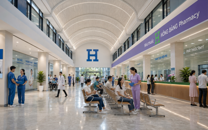 Tọa lạc tại Khu đô thị Vạn Phúc, Bệnh viện Đại học Quốc tế Hồng Bàng được thiết kế theo tiêu chuẩn FGI của Mỹ và tạo không gian mở tại các khu khám chữa bệnh, nhà thuốc.