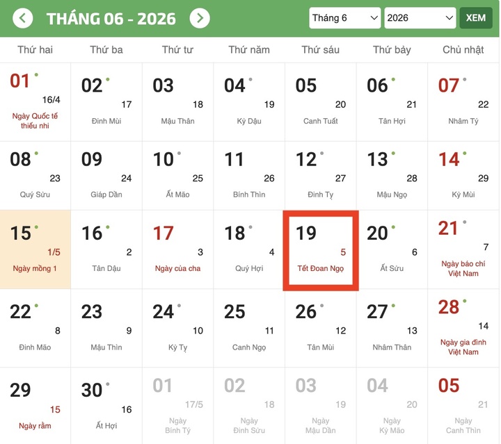 Tết Đoan ngọ 2026 là ngày nào Dương lịch?