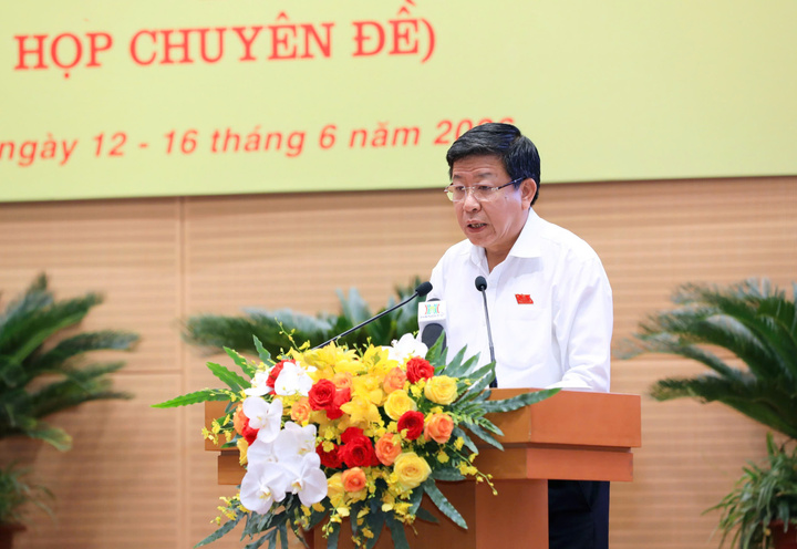 Phó Chủ tịch thường trực UBND TP Hà Nội Dương Đức Tuấn phát biểu tại kỳ họp.
