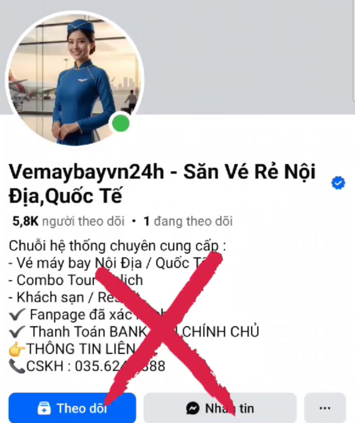 Nhiều fanpage bán vé máy bay giả mạo được đầu tư bài bản với tích xanh, số điện thoại và lượng tương tác lớn nhằm tạo lòng tin với người dùng trước khi thực hiện hành vi lừa đảo.