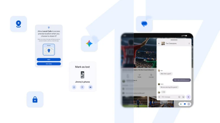 Giao diện Android 17 với chế độ Bubbles và Foldable Gaming Mode, minh họa khả năng đa nhiệm và tối ưu cho thiết bị màn hình gập. (Nguồn: Google)