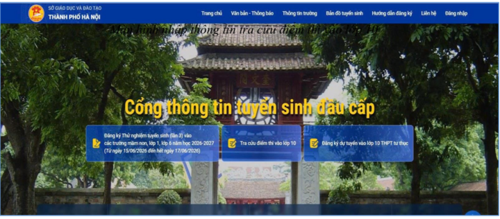 Màn hình trang chủ Cổng tuyển sinh đầu cấp.