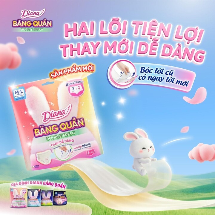 Diana băng quần Double Fresh 2 lõi hỗ trợ thao tác thay mới nhanh gọn hơn, phù hợp với những ngày phải mặc quần dài hoặc có lịch trình bận rộn.