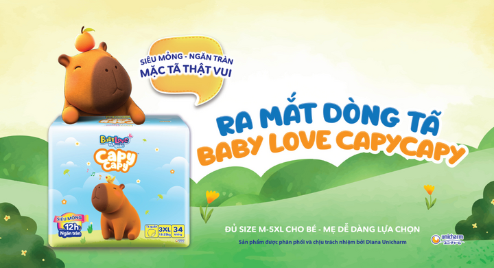 Baby Love Capycapy siêu mỏng chỉ 3mm, thấm hút đến 12 giờ, giúp bé luôn khô thoáng và thoải mái suốt ngày dài.