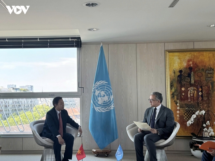 Thứ trưởng Ngô Lê Văn làm việc với Tổng Giám đốc UNESCO Khaled El-Enany.