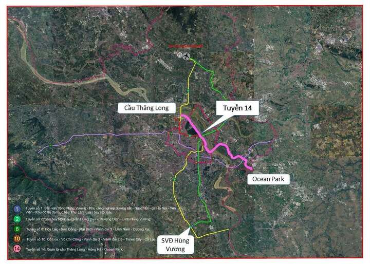 Tuyến số 14 dài khoảng 32 km, trong đó khoảng 27 km thuộc địa phận Hà Nội, kết nối cầu Thăng Long - Hồng Hà - Ocean Park. Tổng mức đầu tư đoạn thuộc Hà Nội khoảng 129.842 tỷ đồng. Tuyến metro này kết nối khu vực phía tây với các đại đô thị đa mục tiêu phía đông, tạo ra chuỗi giá trị đô thị hiện đại và nâng cao tính khả dụng của mô hình đô thị 15 phút.
