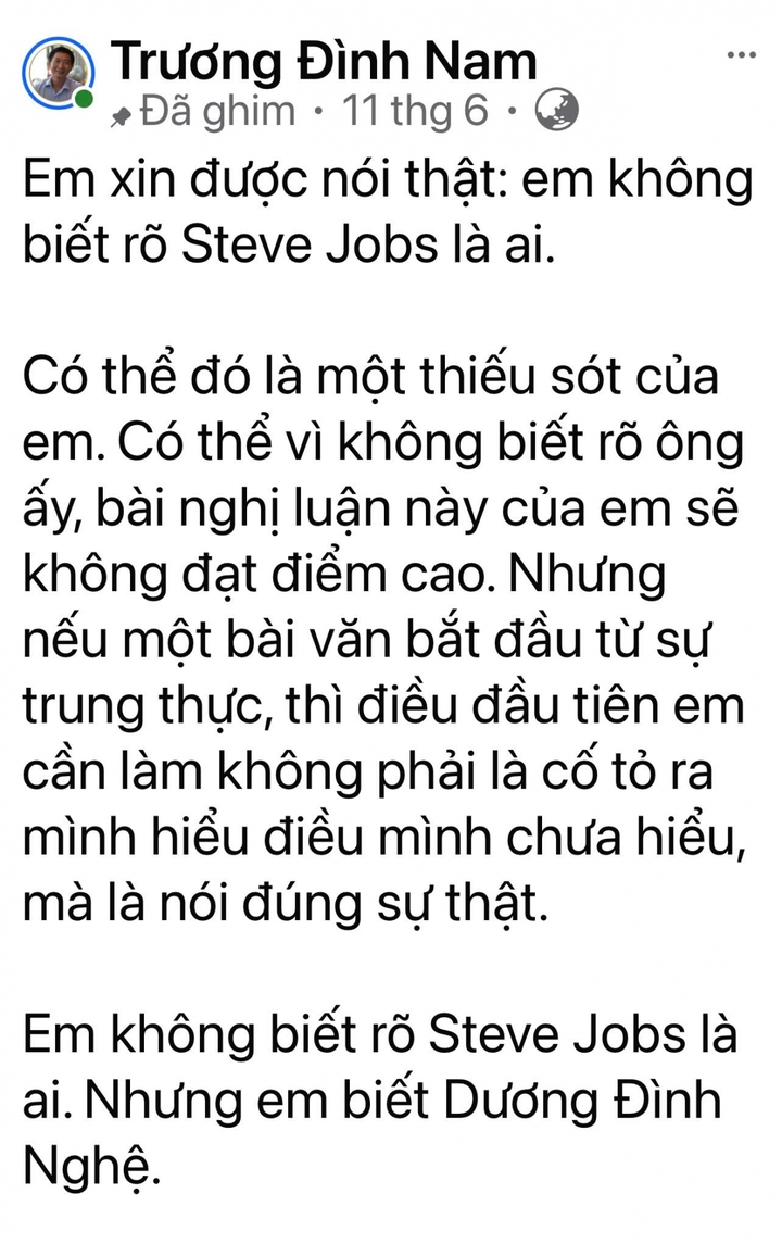 Trang Facebook cá nhân của ông Trương Đình Nam - tác giả bài viết gây xôn xao mạng xã hội, được nhiều người nhầm tưởng là “bài văn điểm 10” của thí sinh.
