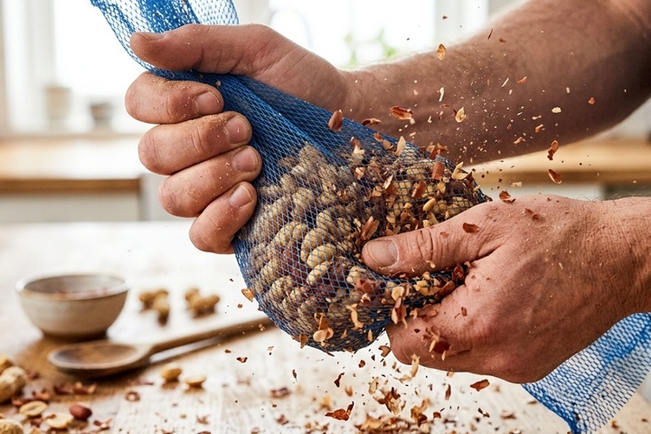 Sử dụng túi lưới giúp bạn dễ dàng loại bỏ vỏ đậu phộng. (Ảnh: WH)