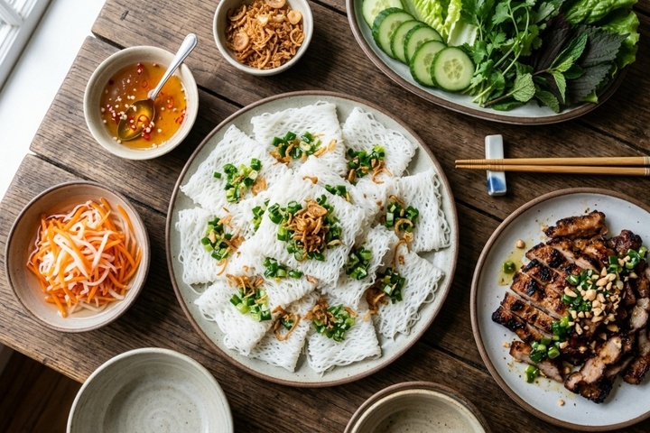 Sợi bánh hỏi nhỏ, trắng mịn, đan xen nhau như tấm lưới. Bánh thường được phết mỡ hành, ăn kèm thịt heo quay, lòng heo, thịt nướng, cùng nước mắm chua ngọt