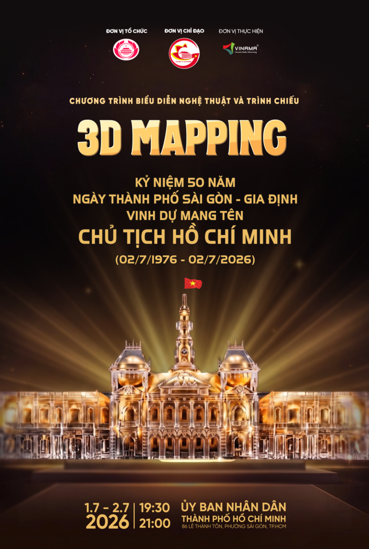 Chương trình trình diễn 3D Mapping diễn ra vào lúc 19 giờ 30 ngày 01/07 và 02/07/2026 tại trụ sở UBND TP.HCM.