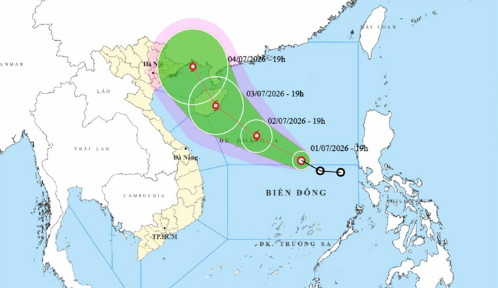 Dự báo đường đi và khu vực ảnh hưởng của áp thấp nhiệt đới sau có thể mạnh lên thành bão số 1 trên Biển Đông. (Nguồn: NCHMF)