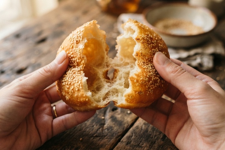 Bánh tiêu Việt Nam là món ăn vặt dân dã với hương vị đặc trưng: lớp vỏ vàng rụm, giòn dai quyện cùng vị ngọt thanh của đường và vị bùi bùi, thơm nồng của mè trắng. Phần ruột bánh rỗng, mềm xốp, đôi khi thoảng hương thơm nhẹ từ bột nở. (Ảnh: BNC)