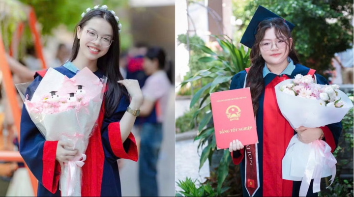 Nguyễn Lê Yến Nhi lớp 12B4 (bên trái) và Đinh Ngọc Hải Lam lớp 12B2.