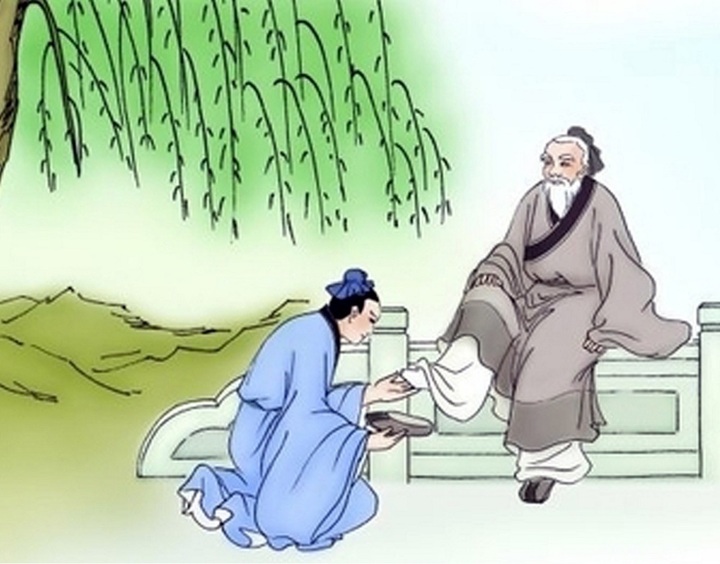 Tranh vẽ lại cuộc hội ngộ của Trương Lương và ông lão bí ẩn.