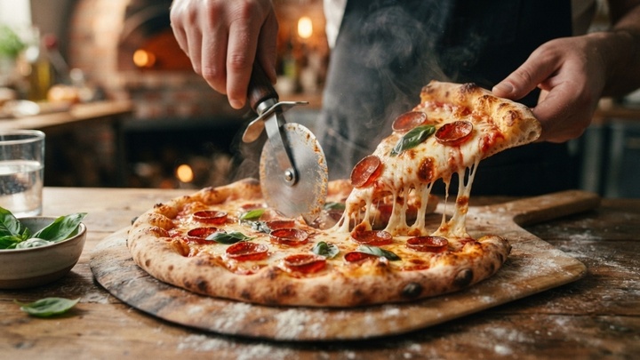 Khi sử dụng, người ta sẽ cắt bánh pizza thành những hình tam giác vừa tay. Ảnh: GC
