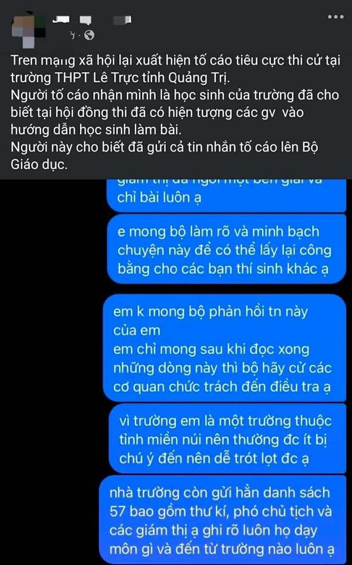 Thông tin lan truyền trên mạng xã hội phản ánh nghi vấn tiêu cực tại điểm thi trường THPT Lê Trực. (Ảnh chụp màn hình)
