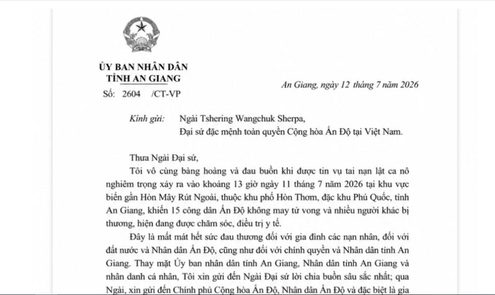Chủ tịch UBND tỉnh An Giang gửi thư chia buồn tới Đại sứ Ấn Độ.