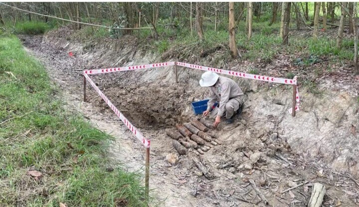 Hàng loạt đạn pháo, cối, rocket chống tăng, lựu phóng được phát hiện tại một hầm chứa giữa rừng tràm ở Huế. (Ảnh: NPA).