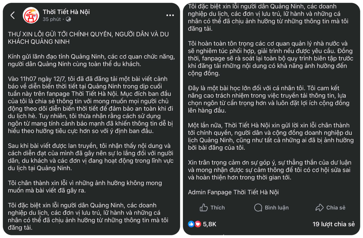 Nội dung thư xin lỗi được đăng tải trên fanpage Thời Tiết Hà Nội chiều 14/7. (Ảnh chụp màn hình)