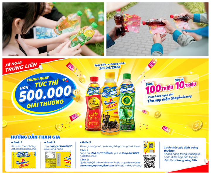 Chọn các sản phẩm Trà Dr Thanh, Trà Xanh Không Độ và Nước tăng lực Number 1 có thông tin khuyến mãi, xé nhãn lấy mã và tham gia chương trình "Xé ngay trúng liền", người tiêu dùng có cơ hội nhận gần 150.000 giải thưởng thẻ nạp điện thoại còn lại cùng 2 giải Đặc biệt, mỗi giải trị giá 100 triệu đồng tiền mặt trong hè này.