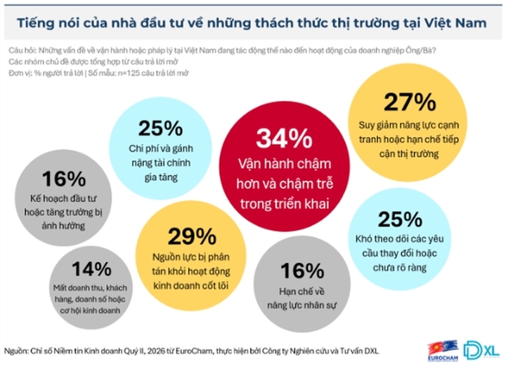 Khoảng 1/3 doanh nghiệp EuroCham khảo sát cho biết thủ tục hành chính làm chậm tiến độ triển khai dự án; 29% phải dành thêm nguồn lực xử lý hồ sơ, còn 27% cho rằng hệ thống quy định phức tạp làm giảm năng lực cạnh tranh