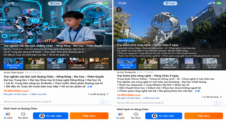 Ảnh chụp màn hình các dịch vụ du lịch học tập theo chủ đề AI trên nền tảng du lịch Trip.com (thông tin trong hình đã được chuyển ngữ sang tiếng Việt).
