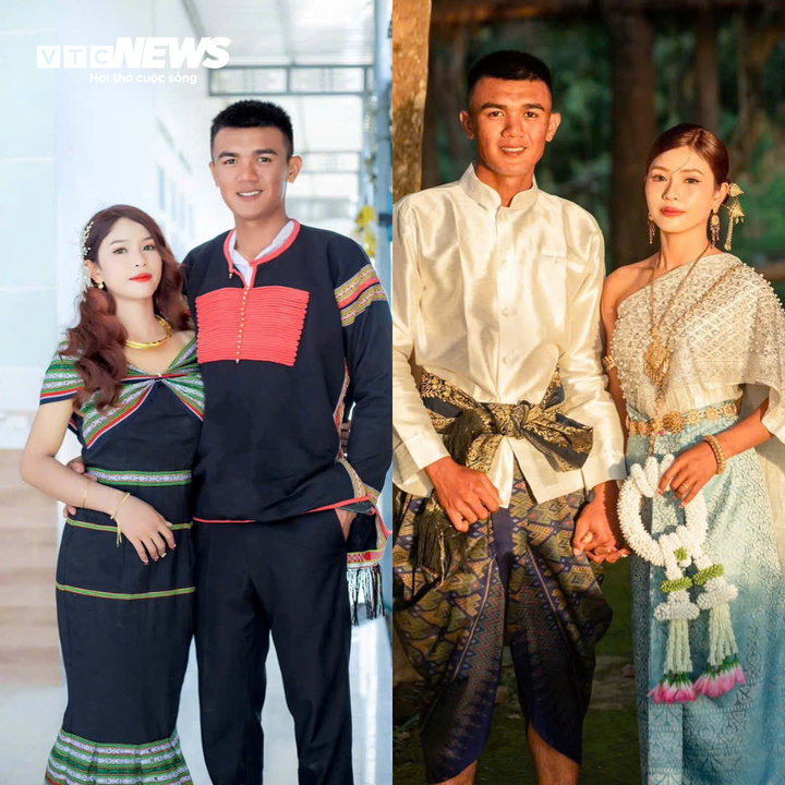 Ảnh cưới của con trai bà H‘Tum Niê theo trang phục Ê đê (bên trái) và trang phục Thái - Lào.