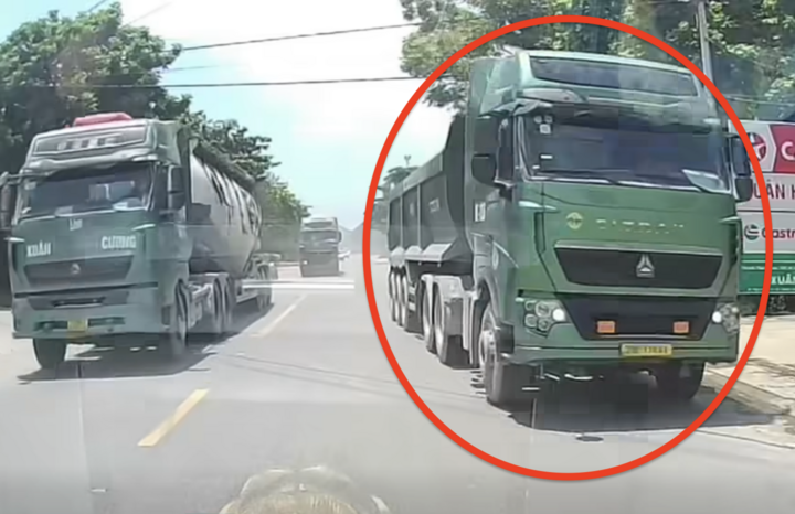 Tài xế xe bồn lấn hoàn toàn làn ngược chiều để vượt.