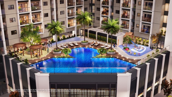 Bể bơi vô cực 220m² là đặc quyền của cư dân tại Fhome+ Hưng Lộc.