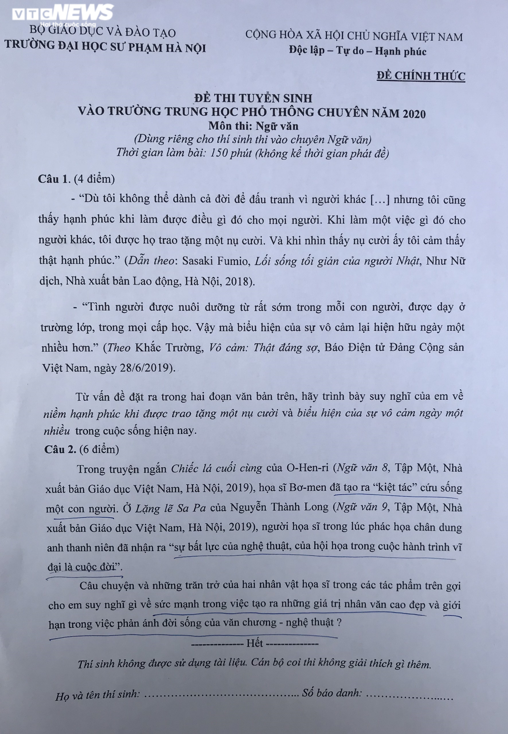 Đề Văn vào lớp 10 chuyên Sư phạm bàn về sự vô cảm - 1