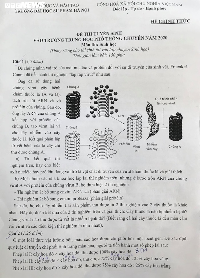Đề thi Sinh học vào lớp 10 trường THPT chuyên Sư phạm - 1