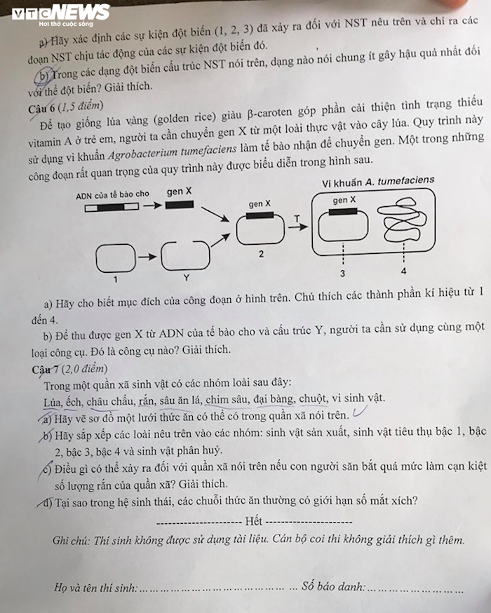 Đề thi Sinh học vào lớp 10 trường THPT chuyên Sư phạm - 3