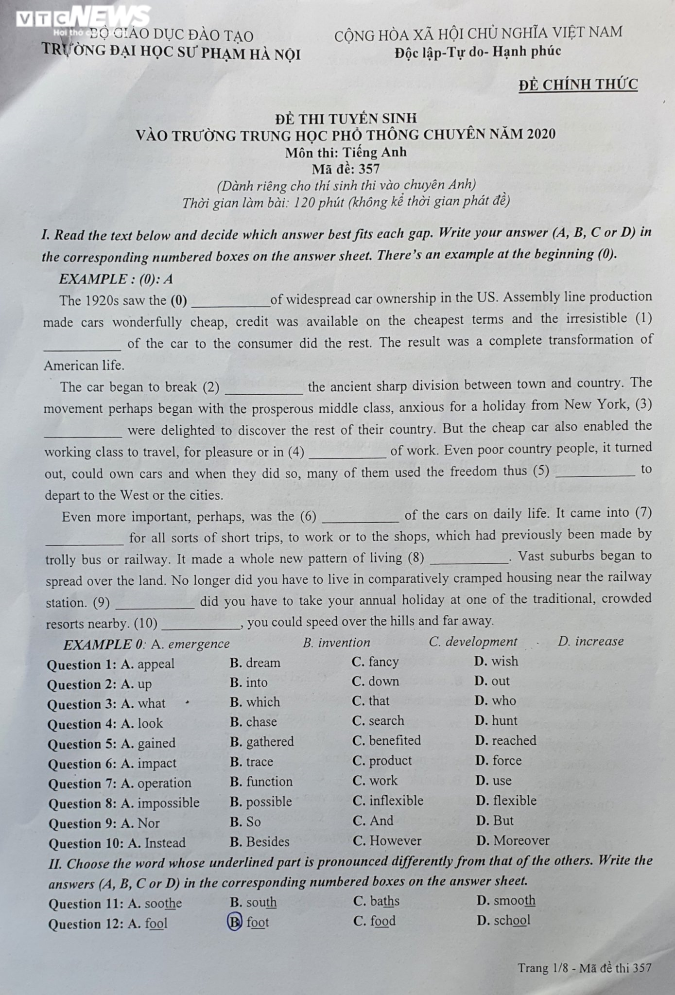 Đề thi tiếng Anh vào lớp 10 trường THPT chuyên Sư phạm - 1