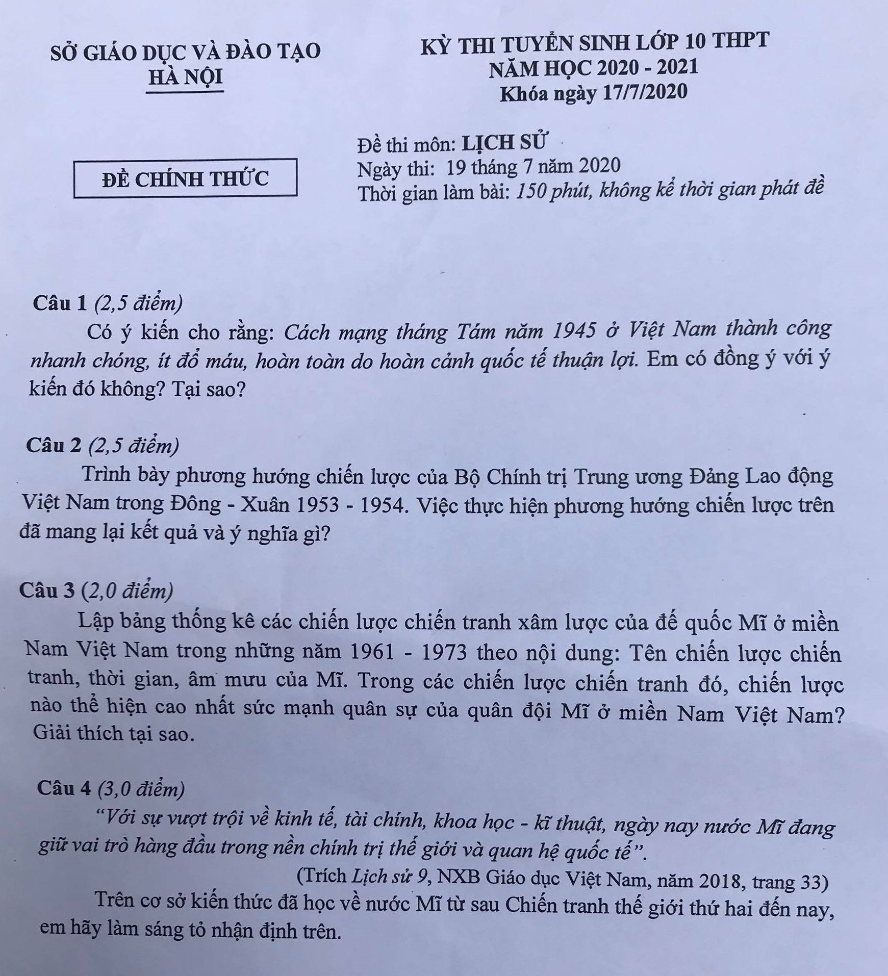 Đề thi môn Lịch sử vào lớp 10 trường chuyên công lập tại Hà Nội - 1