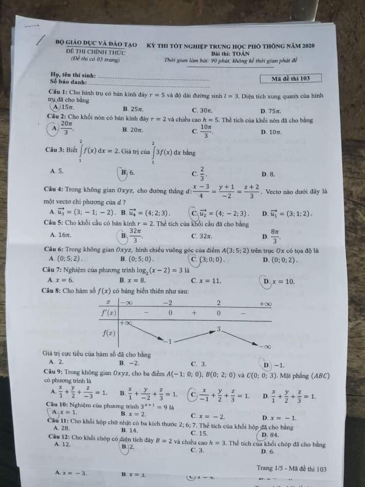 Mã đề 103 đề thi tốt nghiệp THPT môn Toán - 1