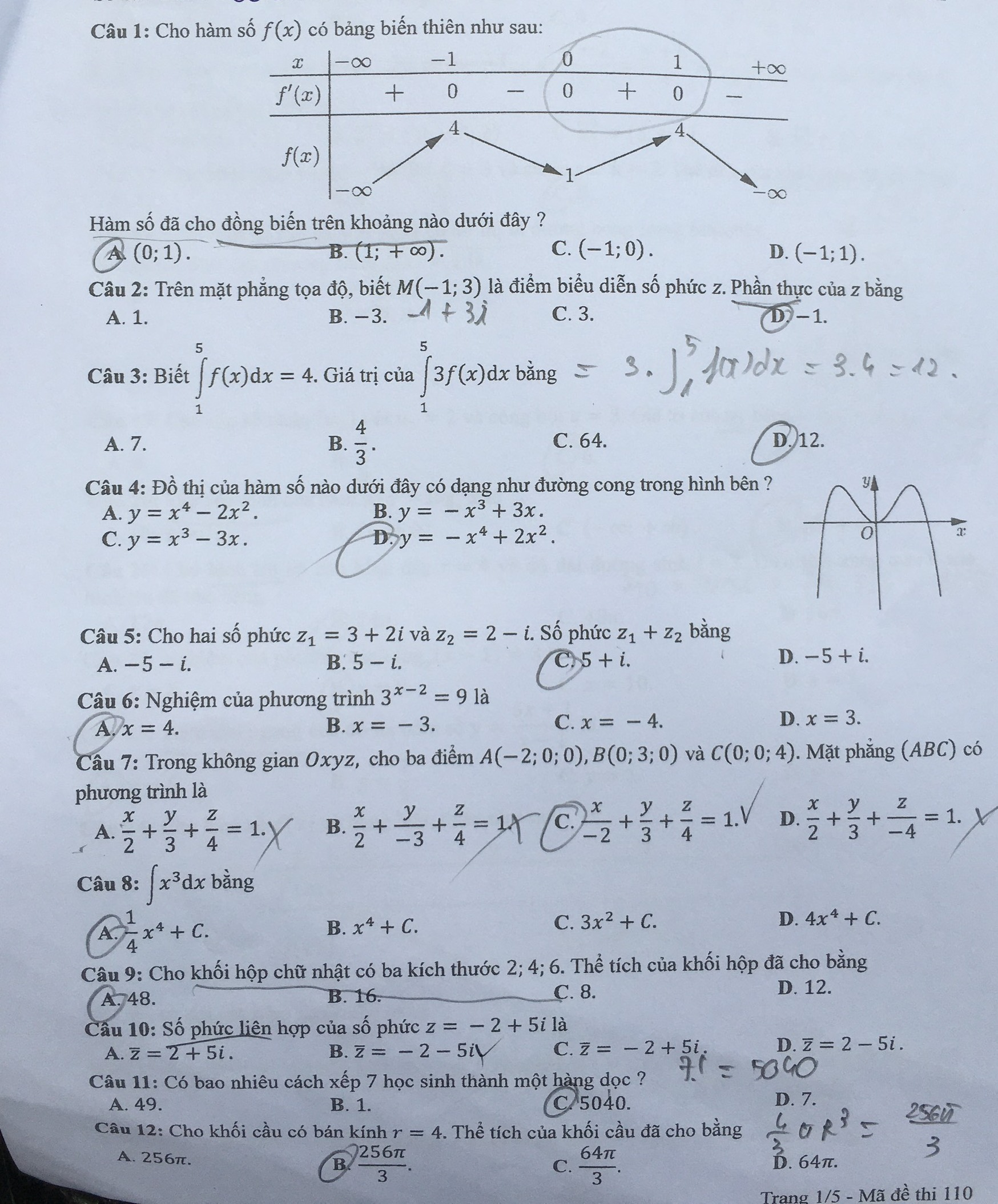 Đề thi tốt nghiệp THPT môn Toán mã đề 110 - 1