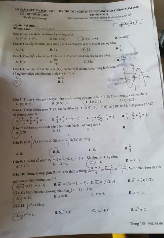Đề thi tốt nghiệp THPT môn Toán mã đề 111 - 1