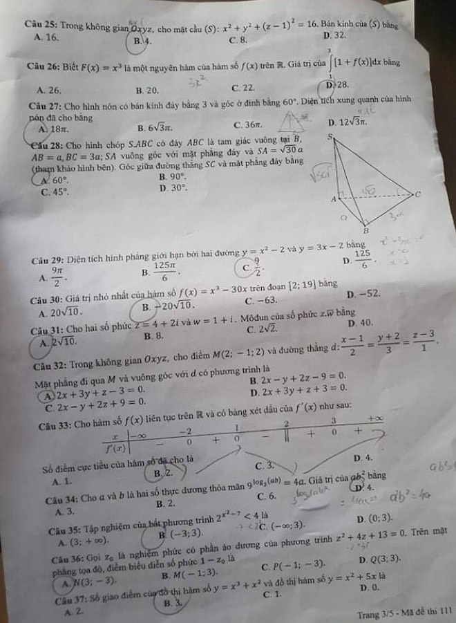 Đề thi tốt nghiệp THPT môn Toán mã đề 111 - 3